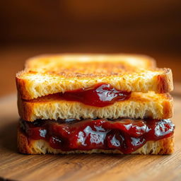 A close-up view of two slices of golden-brown toasted bread, perfectly aligned with a generous layer of vibrant red date jam spread evenly in between