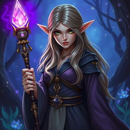 A striking female elf wizard holding a large, ornate magic wand topped with a glowing gemstone, from which a brilliant purple light emanates