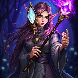 A striking female elf wizard holding a large, ornate magic wand topped with a glowing gemstone, from which a brilliant purple light emanates