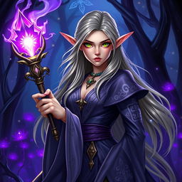 A striking female elf wizard holding a large, ornate magic wand topped with a glowing gemstone, from which a brilliant purple light emanates