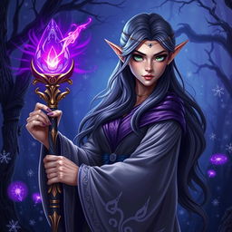 A striking female elf wizard holding a large, ornate magic wand topped with a glowing gemstone, from which a brilliant purple light emanates