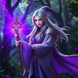 A stunning female elf wizard wielding a large, intricately designed magic wand, from which a brilliant purple light radiates intensely