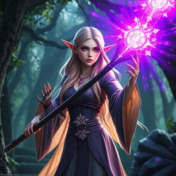 A stunning female elf wizard wielding a large, intricately designed magic wand, from which a brilliant purple light radiates intensely
