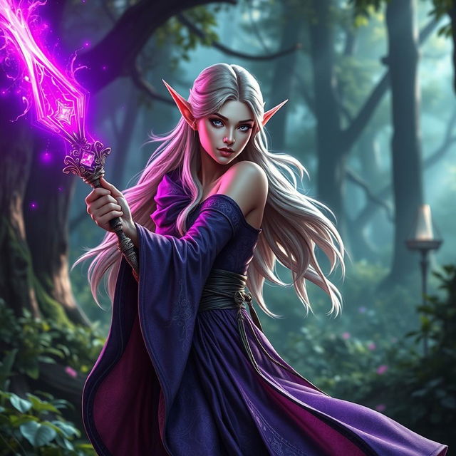 A stunning female elf wizard wielding a large, intricately designed magic wand, from which a brilliant purple light radiates intensely