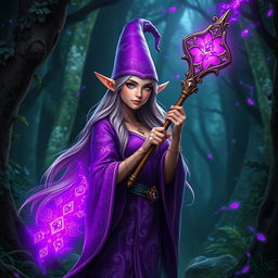 A stunning female elf wizard wielding a large, intricately designed magic wand, from which a brilliant purple light radiates intensely