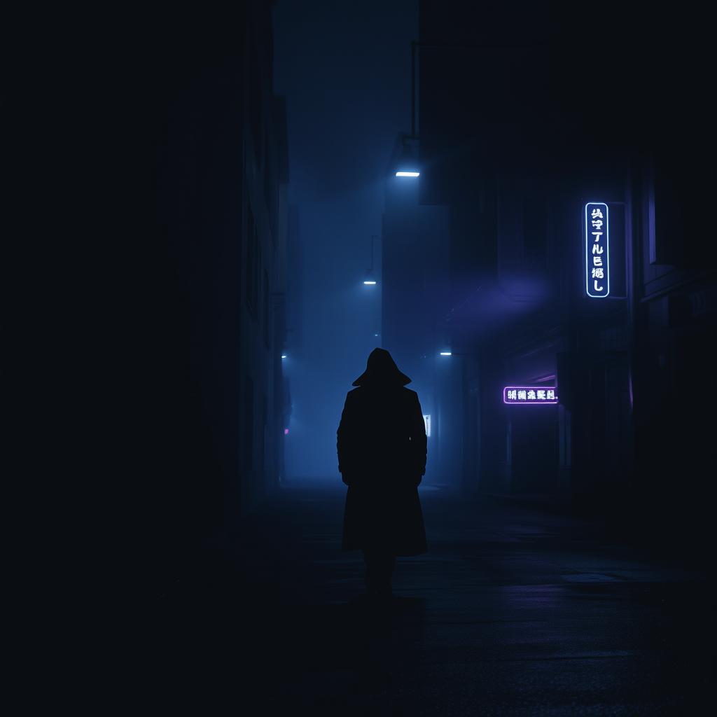 A moody, atmospheric photo capturing a shadowy urban landscape at night, featuring dimly lit streets with silhouettes of tall buildings shrouded in mist