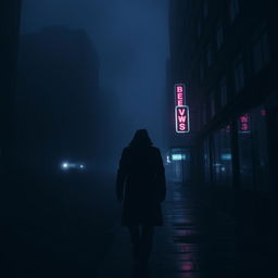 A moody, atmospheric photo capturing a shadowy urban landscape at night, featuring dimly lit streets with silhouettes of tall buildings shrouded in mist