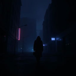 A moody, atmospheric photo capturing a shadowy urban landscape at night, featuring dimly lit streets with silhouettes of tall buildings shrouded in mist