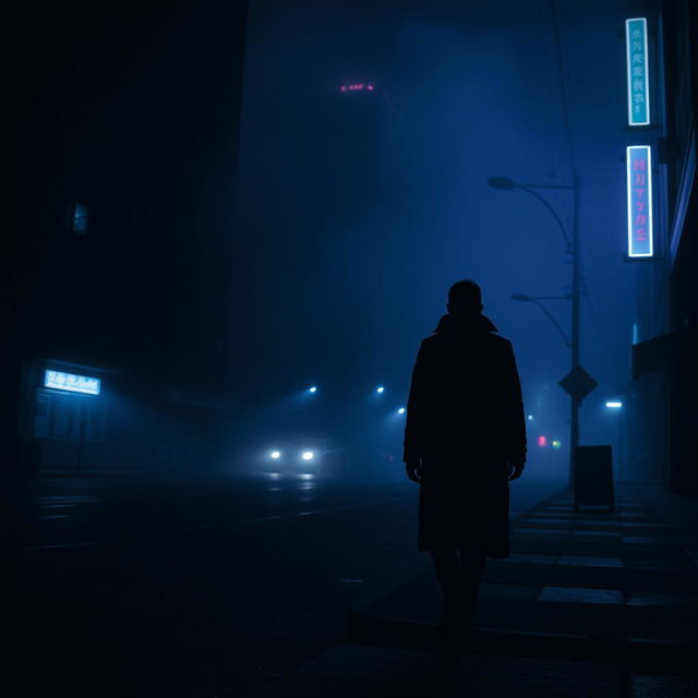 A moody, atmospheric photo capturing a shadowy urban landscape at night, featuring dimly lit streets with silhouettes of tall buildings shrouded in mist