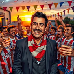 A vibrant and dynamic scene depicting a lively celebration, featuring a middle-aged man with short black hair and a charismatic smile, indicative of a football club president