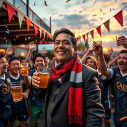 A vibrant and dynamic scene depicting a lively celebration, featuring a middle-aged man with short black hair and a charismatic smile, indicative of a football club president