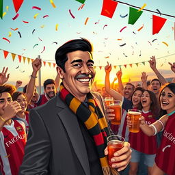 A vibrant and dynamic scene depicting a lively celebration, featuring a middle-aged man with short black hair and a charismatic smile, indicative of a football club president