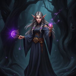 A captivating female elf wizard standing confidently in a dark, mysterious forest, holding a large, ornate magic wand that glows with a radiant purple light