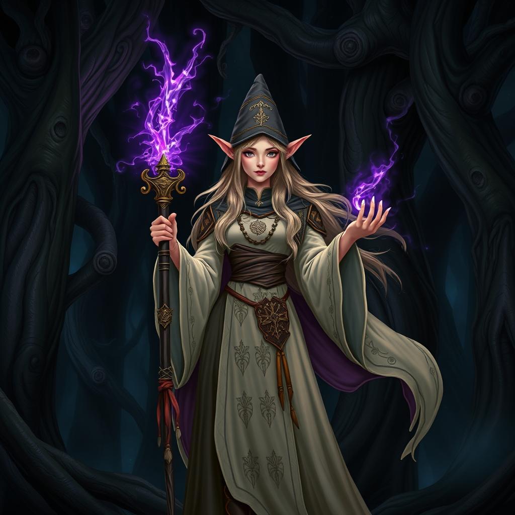 A captivating female elf wizard standing confidently in a dark, mysterious forest, holding a large, ornate magic wand that glows with a radiant purple light