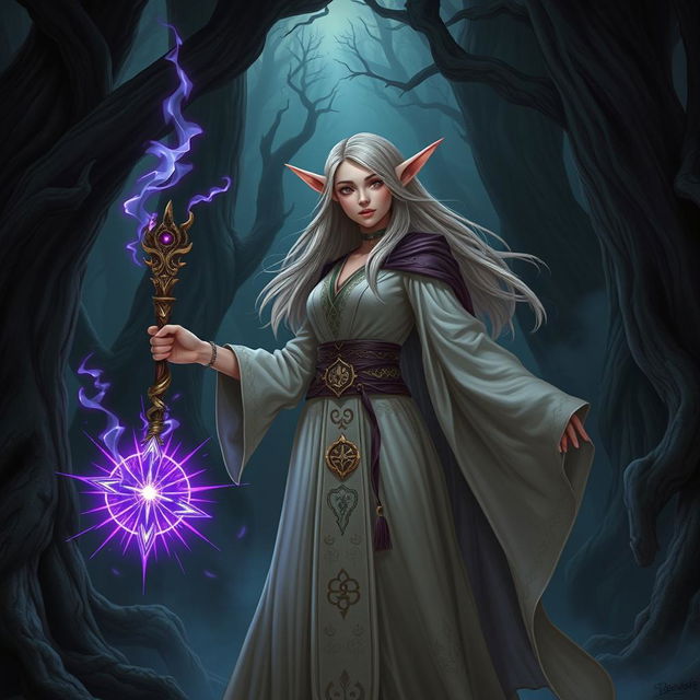 A captivating female elf wizard standing confidently in a dark, mysterious forest, holding a large, ornate magic wand that glows with a radiant purple light