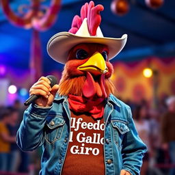 A character resembling a rooster, dressed in western-style clothing with a cowboy hat and a denim jacket