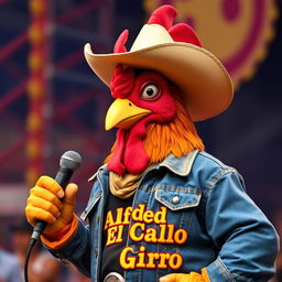 A character resembling a rooster, dressed in western-style clothing with a cowboy hat and a denim jacket