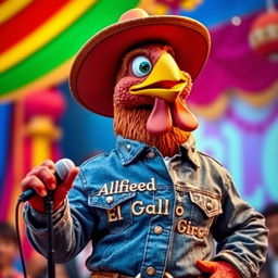 A character resembling a rooster, dressed in western-style clothing with a cowboy hat and a denim jacket