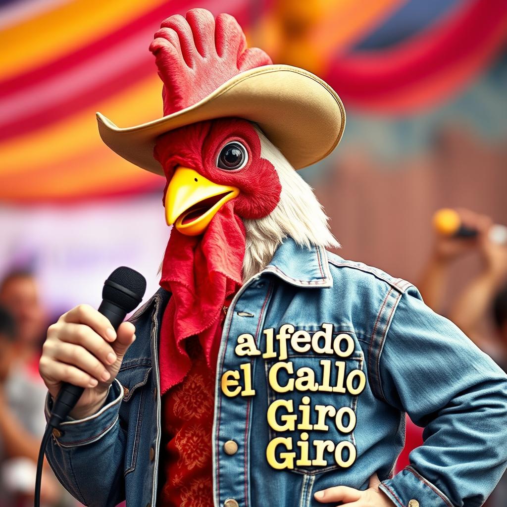 A character resembling a rooster, dressed in western-style clothing with a cowboy hat and a denim jacket