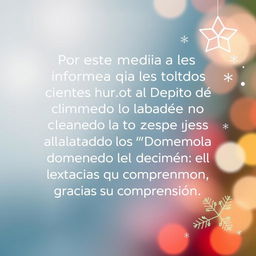 A professional and clear announcement design featuring the following text: "Por este medio les informamos a todos nuestros clientes que a partir del Domingo 5 de enero no estaremos laborando los Domingos a excepción del mes de diciembre, gracias por su comprensión