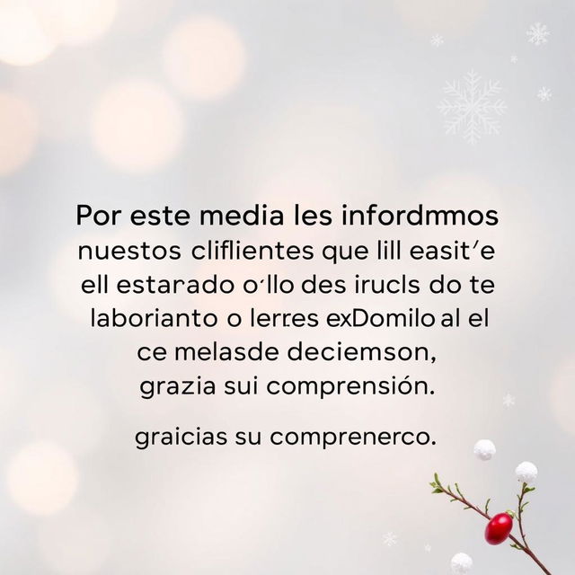 A professional and clear announcement design featuring the following text: "Por este medio les informamos a todos nuestros clientes que a partir del Domingo 5 de enero no estaremos laborando los Domingos a excepción del mes de diciembre, gracias por su comprensión