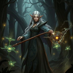 A female elf wizard wielding a large, ornate magic wand, standing confidently in a dark, mysterious forest