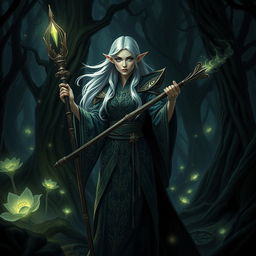 A female elf wizard wielding a large, ornate magic wand, standing confidently in a dark, mysterious forest