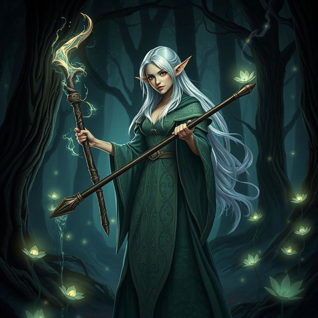 A female elf wizard wielding a large, ornate magic wand, standing confidently in a dark, mysterious forest