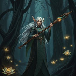 A female elf wizard wielding a large, ornate magic wand, standing confidently in a dark, mysterious forest