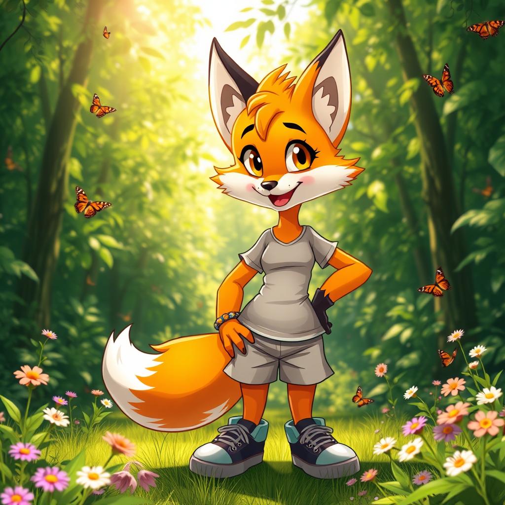 A vibrant and colorful anthropomorphic fox character, known as a fursona, standing in a lush green forest