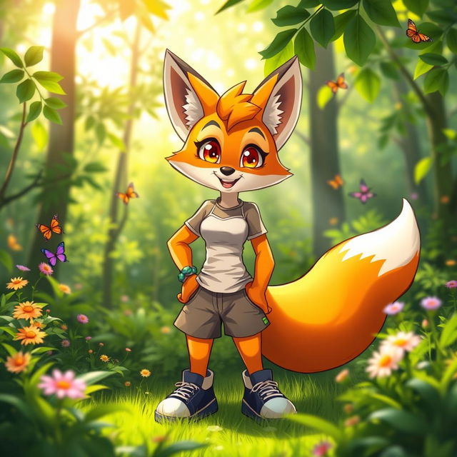 A vibrant and colorful anthropomorphic fox character, known as a fursona, standing in a lush green forest