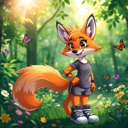 A vibrant and colorful anthropomorphic fox character, known as a fursona, standing in a lush green forest
