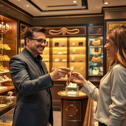 A jewelry shop interior showcasing a friendly jeweler handing a beautiful gold bracelet to a satisfied customer