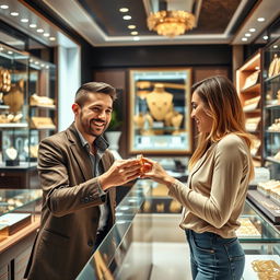 A jewelry shop interior showcasing a friendly jeweler handing a beautiful gold bracelet to a satisfied customer