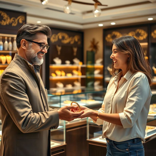 A jewelry shop interior showcasing a friendly jeweler handing a beautiful gold bracelet to a satisfied customer