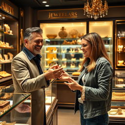 A jewelry shop interior showcasing a friendly jeweler handing a beautiful gold bracelet to a satisfied customer