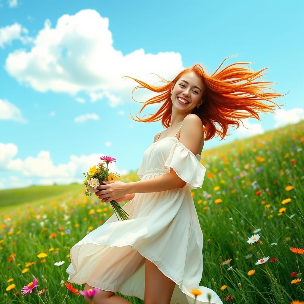 A vibrant outdoor scene featuring a young woman with flowing red hair and a joyful expression, standing in a lush green meadow filled with colorful wildflowers