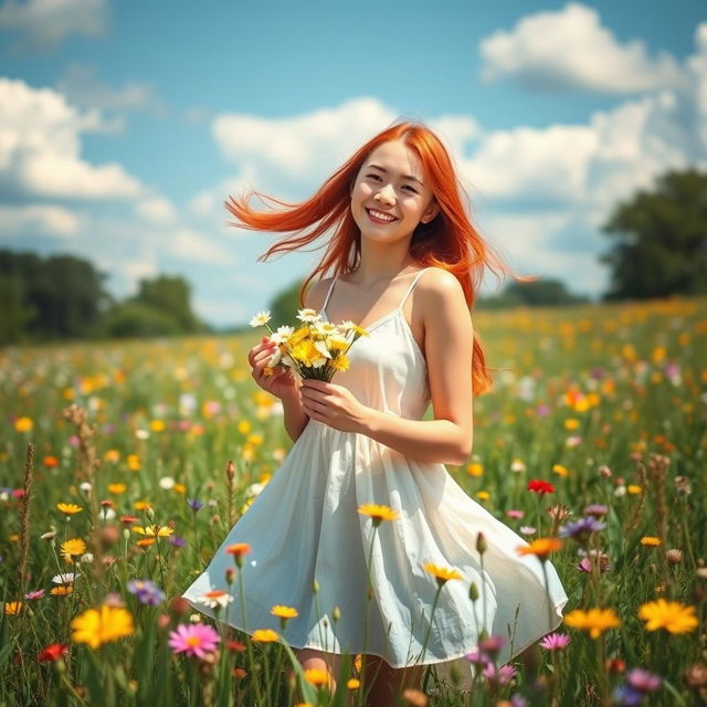 A vibrant outdoor scene featuring a young woman with flowing red hair and a joyful expression, standing in a lush green meadow filled with colorful wildflowers