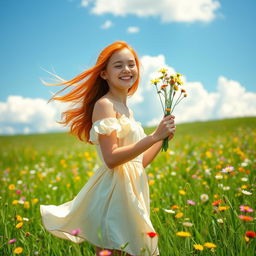 A vibrant outdoor scene featuring a young woman with flowing red hair and a joyful expression, standing in a lush green meadow filled with colorful wildflowers