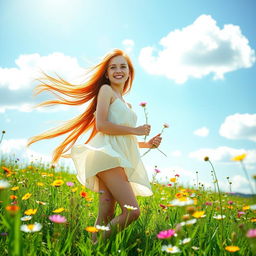A vibrant outdoor scene featuring a young woman with flowing red hair and a joyful expression, standing in a lush green meadow filled with colorful wildflowers