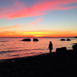 A stunning and serene view of the sea at sunset, showcasing vibrant orange and pink hues reflecting on the water
