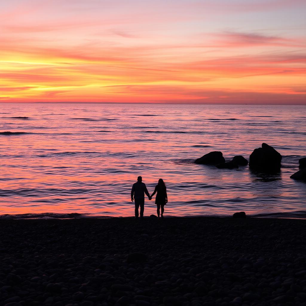 A stunning and serene view of the sea at sunset, showcasing vibrant orange and pink hues reflecting on the water