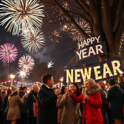A vibrant and festive New Year celebration scene in a city park at midnight