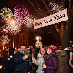 A vibrant and festive New Year celebration scene in a city park at midnight