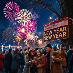 A vibrant and festive New Year celebration scene in a city park at midnight