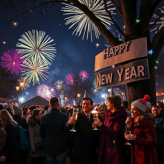 A vibrant and festive New Year celebration scene in a city park at midnight