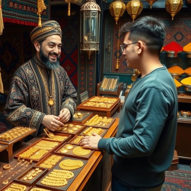 An Iranian goldsmith presenting gold jewelry to a customer in a traditional market setting