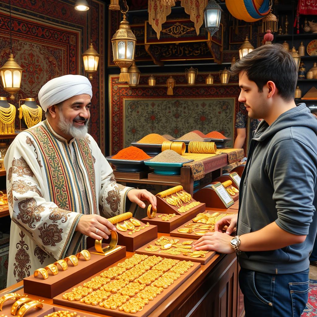 An Iranian goldsmith presenting gold jewelry to a customer in a traditional market setting