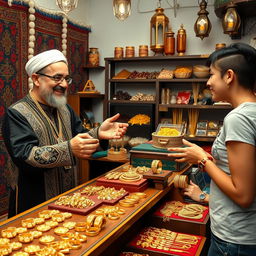 An Iranian goldsmith presenting gold jewelry to a customer in a traditional market setting