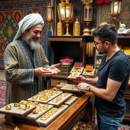 An Iranian goldsmith presenting gold jewelry to a customer in a traditional market setting